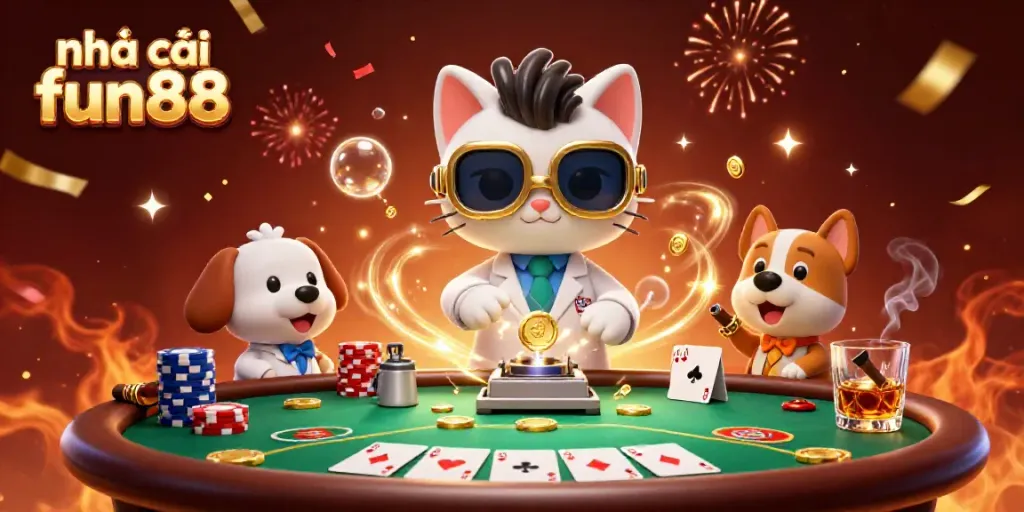 Experience the excitement of nhà cái fun88 with a vibrant 3D casino scene featuring a mad scientist cat and a dog.