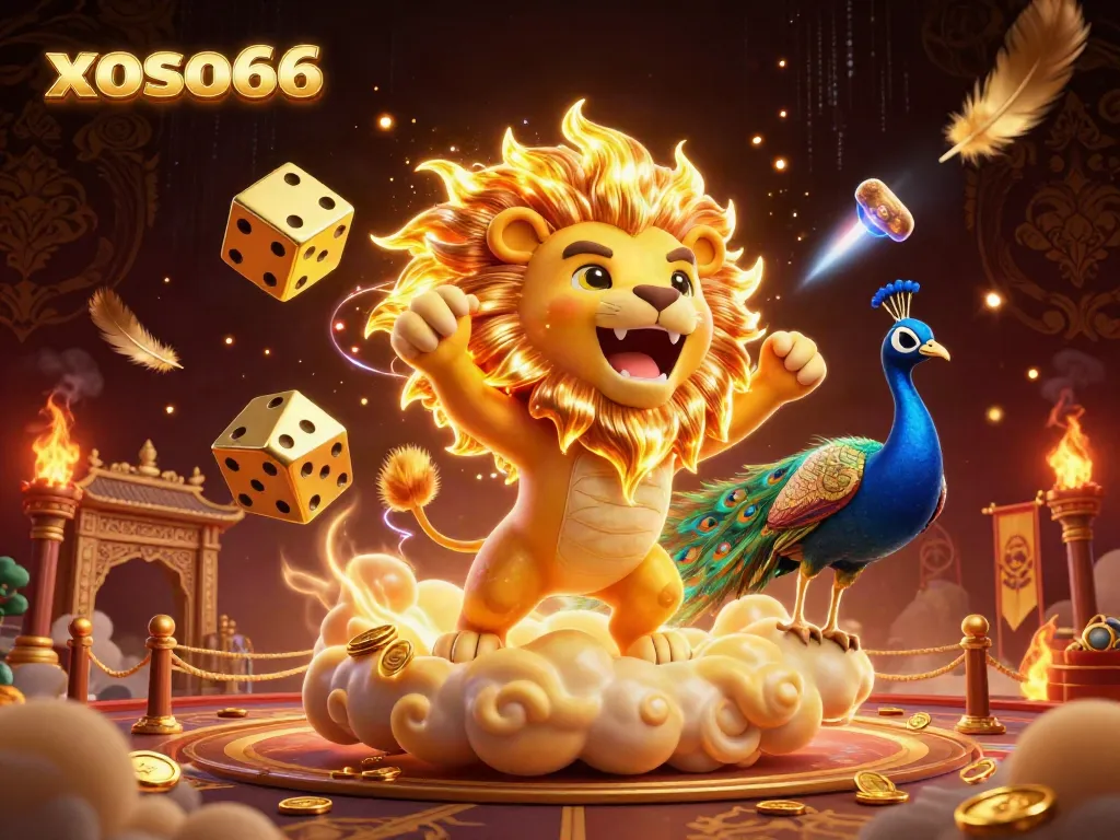 Xoso66 casino's dynamic and vibrant online gaming scene showcasing a roaring sun lion and golden dice.