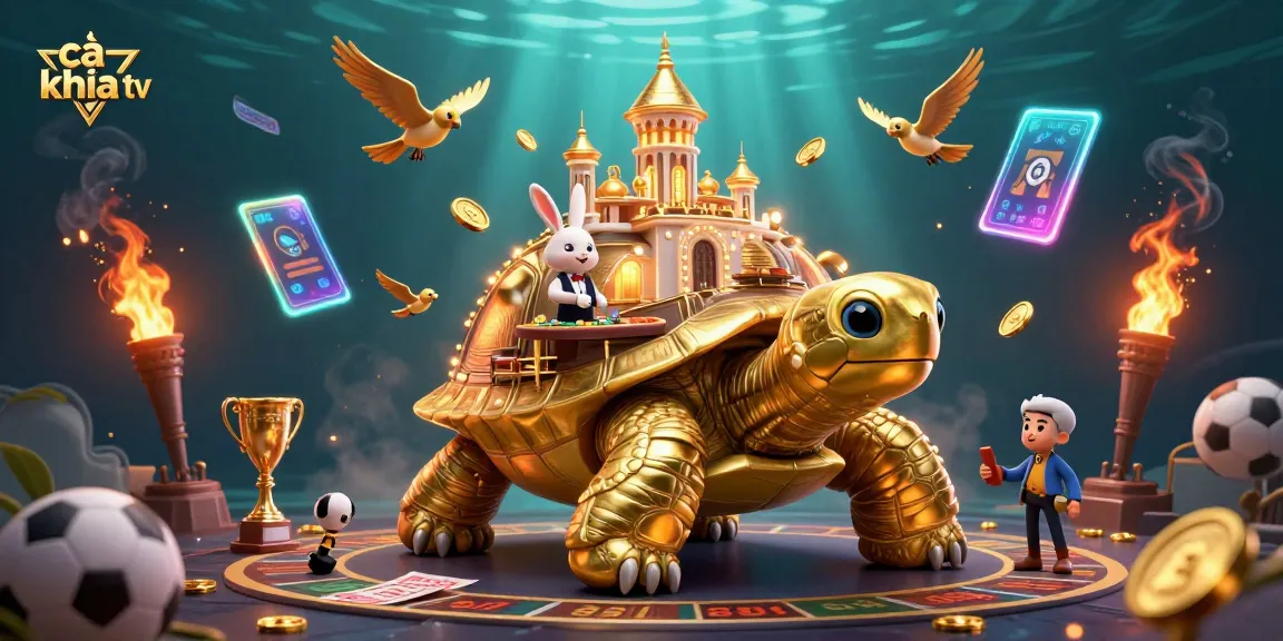 Cà khịa tv enhances sports betting experience with a vibrant casino scene featuring a golden tortoise, rabbit dealer, and dynamic elements.