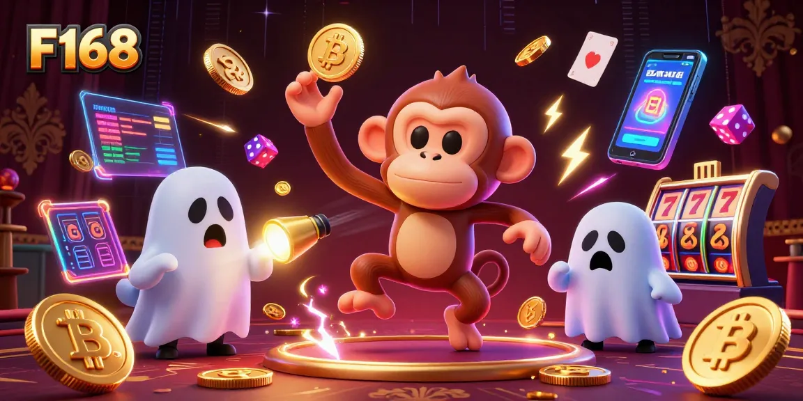Join the action at F168, showcasing a lively haunted casino scene with playful characters and crypto elements.