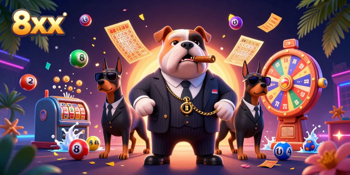 Engage in the vibrant 8xx casino scene with colorful lottery elements and a charming mafia boss bulldog.