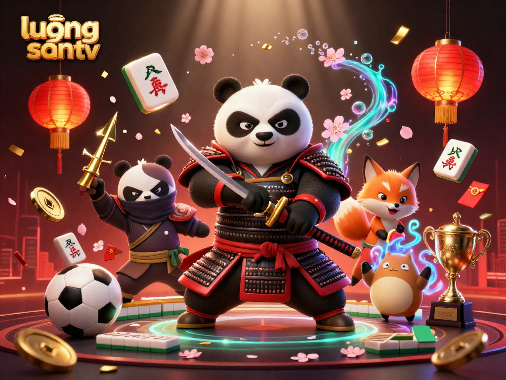 Lương sơn tv offers an exciting sports betting illustration featuring a samurai panda and ninja fox with dynamic elements.