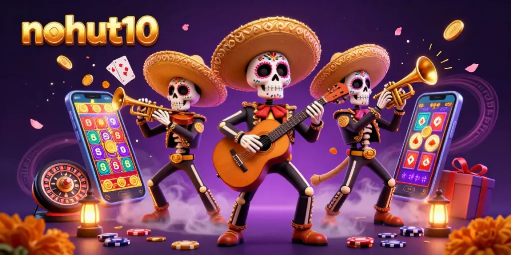 Experience nohut10 with festive mariachi skeletons surrounded by vibrant casino games and jackpots.