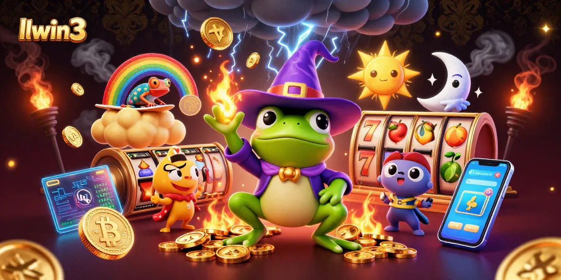 Experience thrilling gameplay at llwin3 with a 3D illustration of a wizard frog surrounded by casino elements.