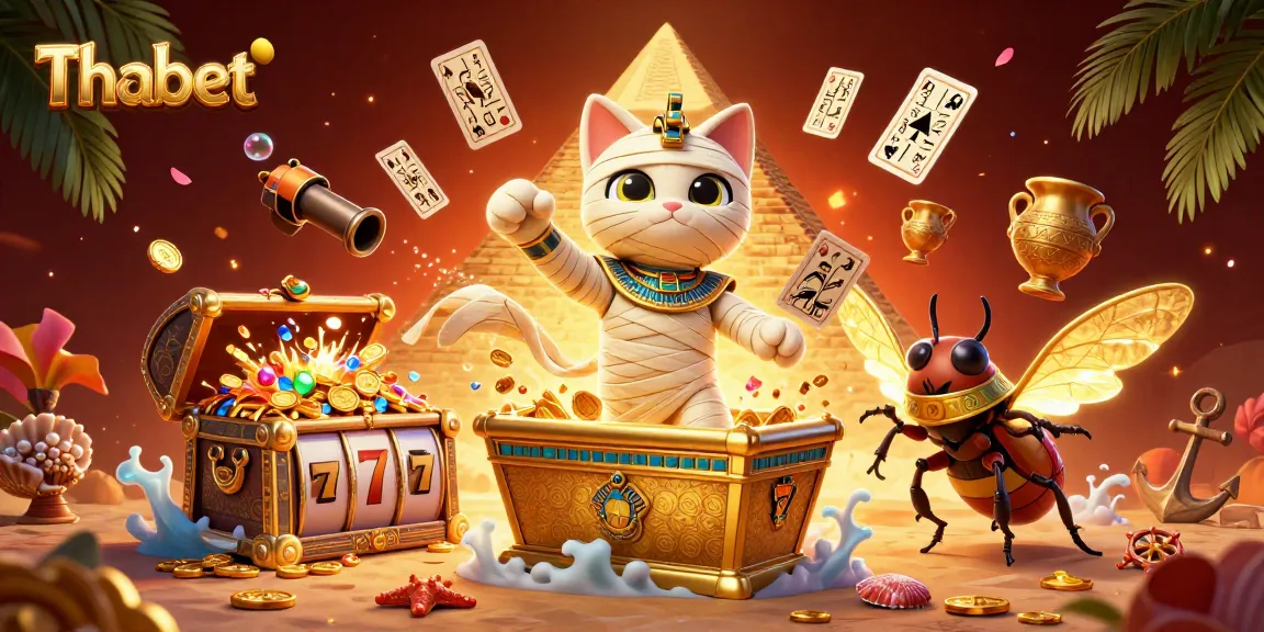 Thabet features a magical 3D Egyptian mummy cat emerging from a golden sarcophagus combined with vibrant slot elements.