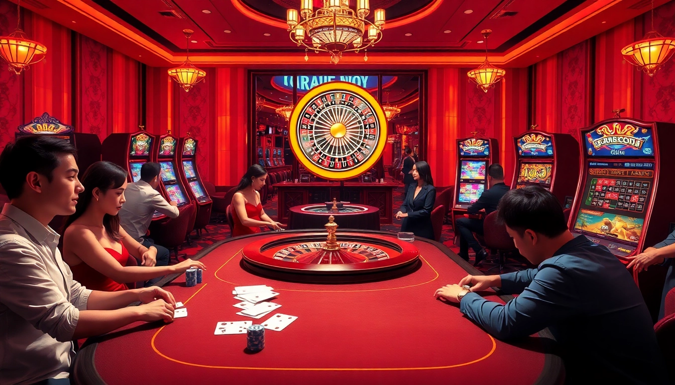 Exciting online gambling scene featuring the latest link mới nhất f8bet with casino tables and vibrant slot machines.