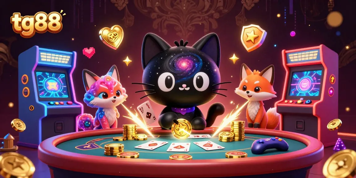 Experience thrilling gaming with tg88 as a cosmic black hole cat attracts golden chips and cards.