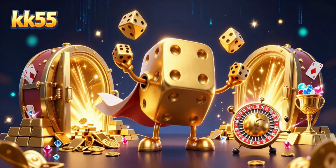 Experience the thrill of kk55 as golden dice and animated characters bring excitement to online gambling.