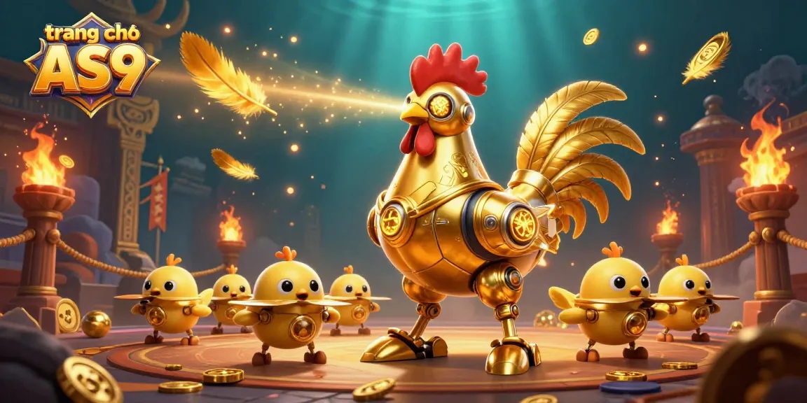 Engage with the vibrant world of trang chủ AS9 featuring a golden rooster robot in an energetic casino scene.
