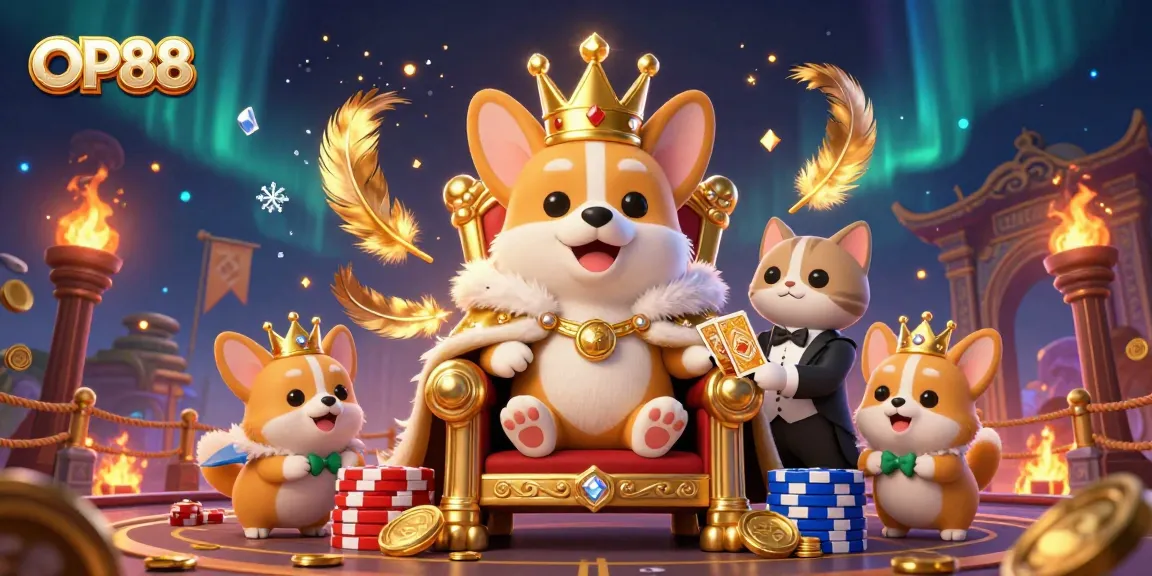 Experience thrilling gameplay with OP88, featuring a royal corgi and dynamic gambling elements in a vibrant scene.