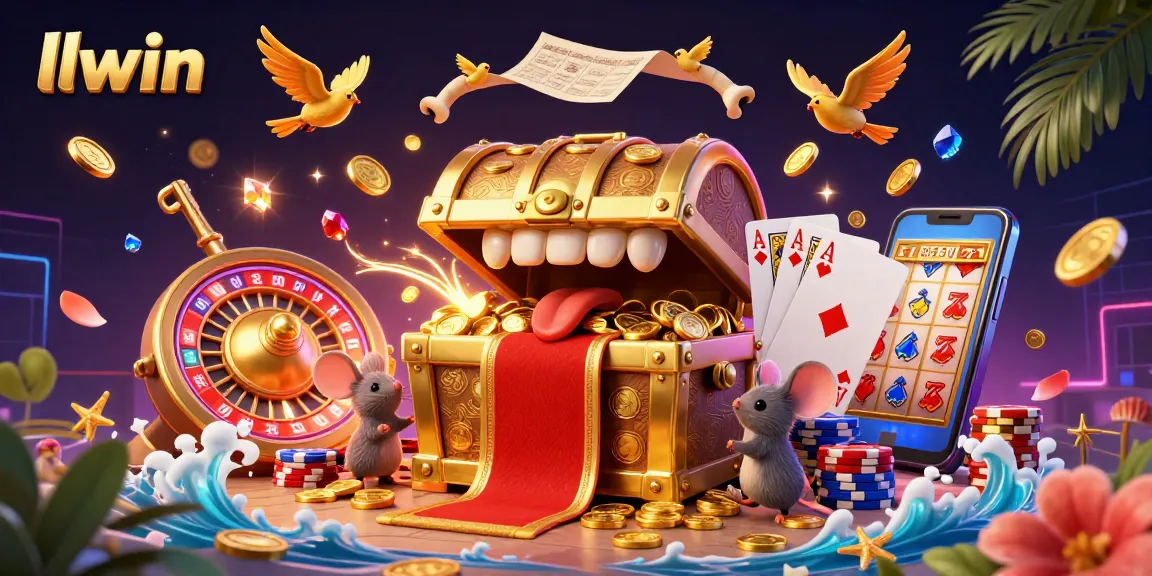 Engage with llwin's thrilling casino adventure featuring a golden treasure chest and dazzling game elements.