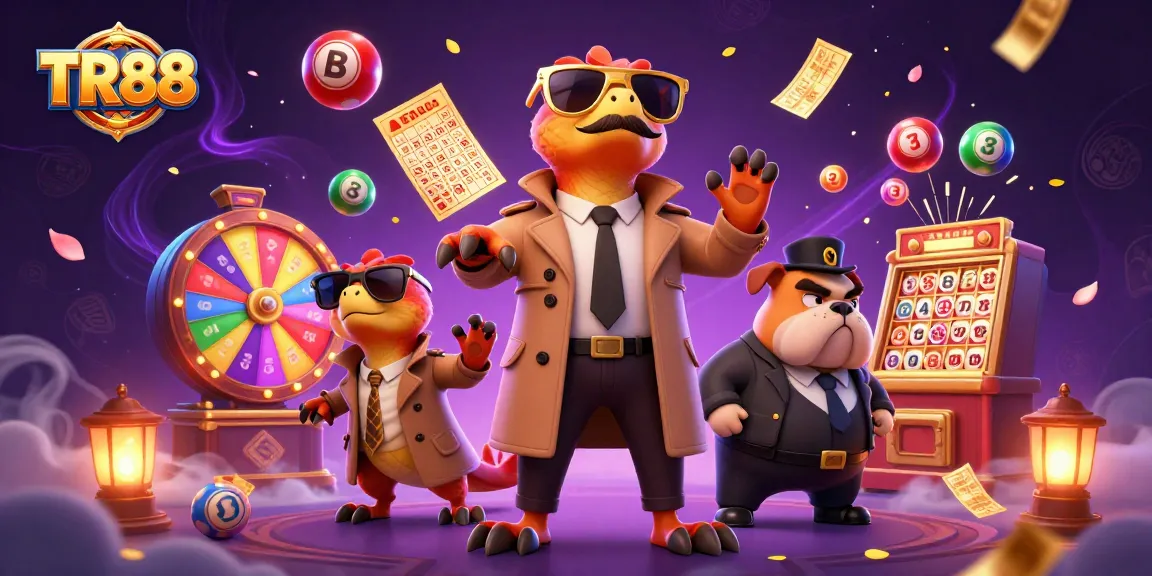 Experience TR88 with cartoon raptors entering a casino, surrounded by vibrant lotto elements.