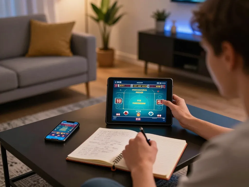 Engaging in online poker strategy at https://tr88.bio/ with tablet and notebook in cozy home setting.