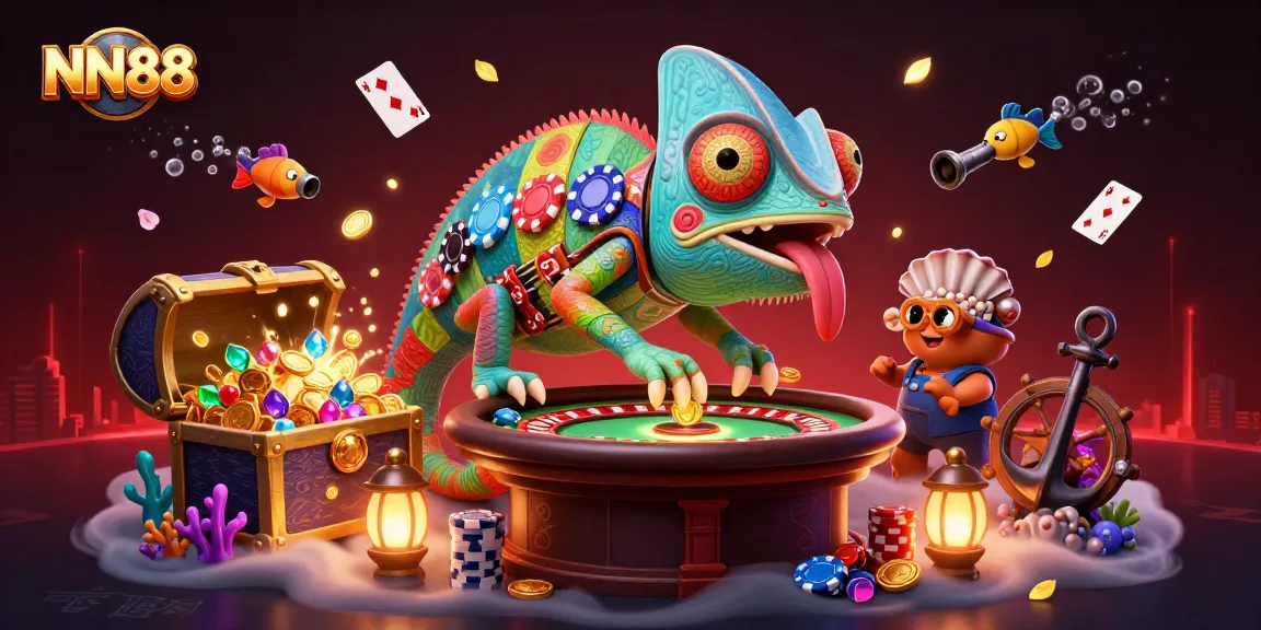 Experience exciting gaming at NN88 with a dynamic chameleon casino owner amidst treasures and whimsical elements.