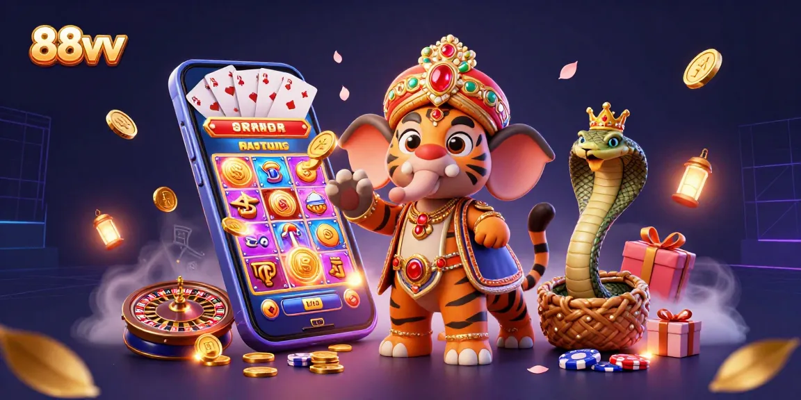 Spin the reels at 88vv with a vibrant illustration of casino games and unique characters.