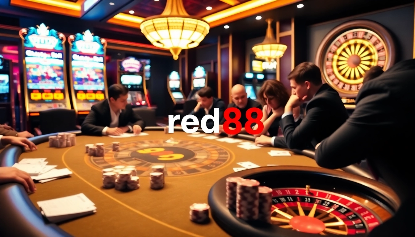 Players engaging in Baccarat at red88 casino, surrounded by vibrant slot machines and chips.