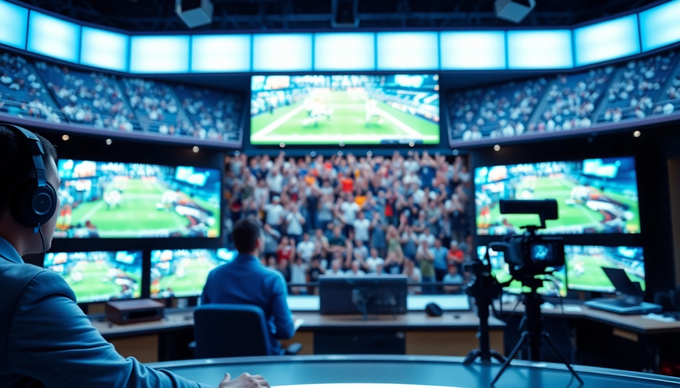 Engaging scene of sports broadcasting in a modern studio with multiple screens showing live games.