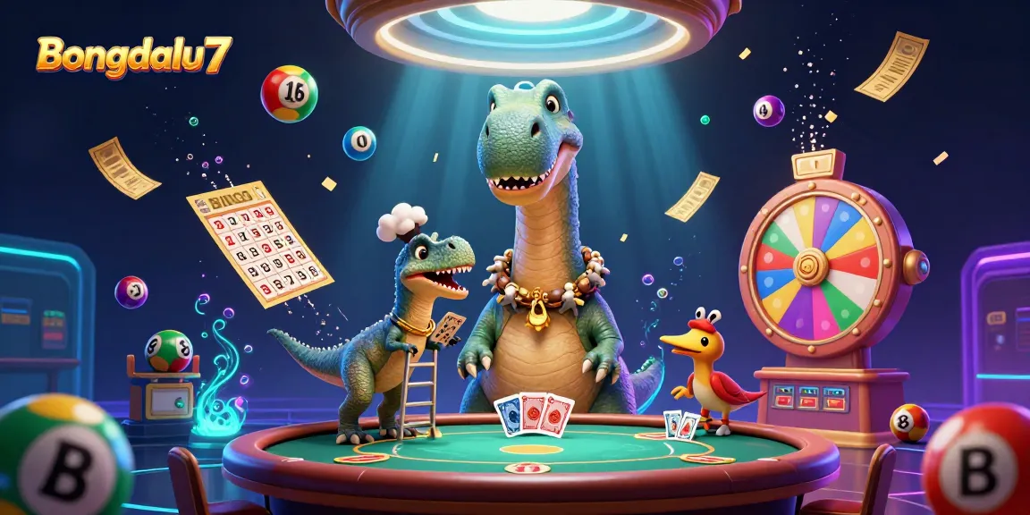 Bongdalu7 captivates with a vibrant scene featuring a towering brontosaurus and clever raptor in a bustling casino atmosphere.