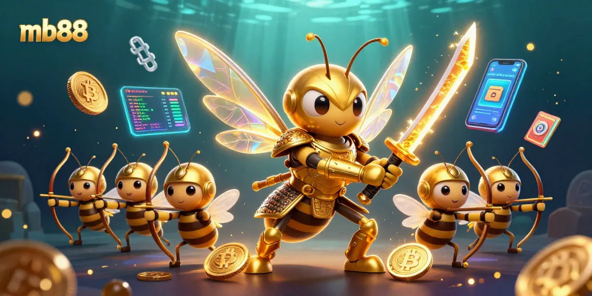 Experience the thrill of mb88 as a golden hornet battles with shimmering lights and crypto elements.