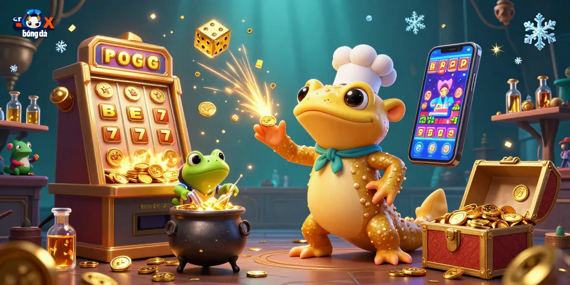 Experience trực tiếp bóng đá with a dynamic scene of an alchemist and frog apprentice surrounded by vibrant casino elements.