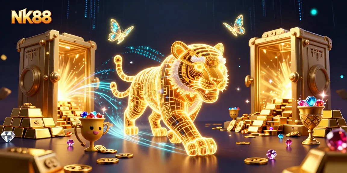 Experience the thrill of NK88 with a golden tiger prowling a vibrant casino, highlighting dazzling treasures.