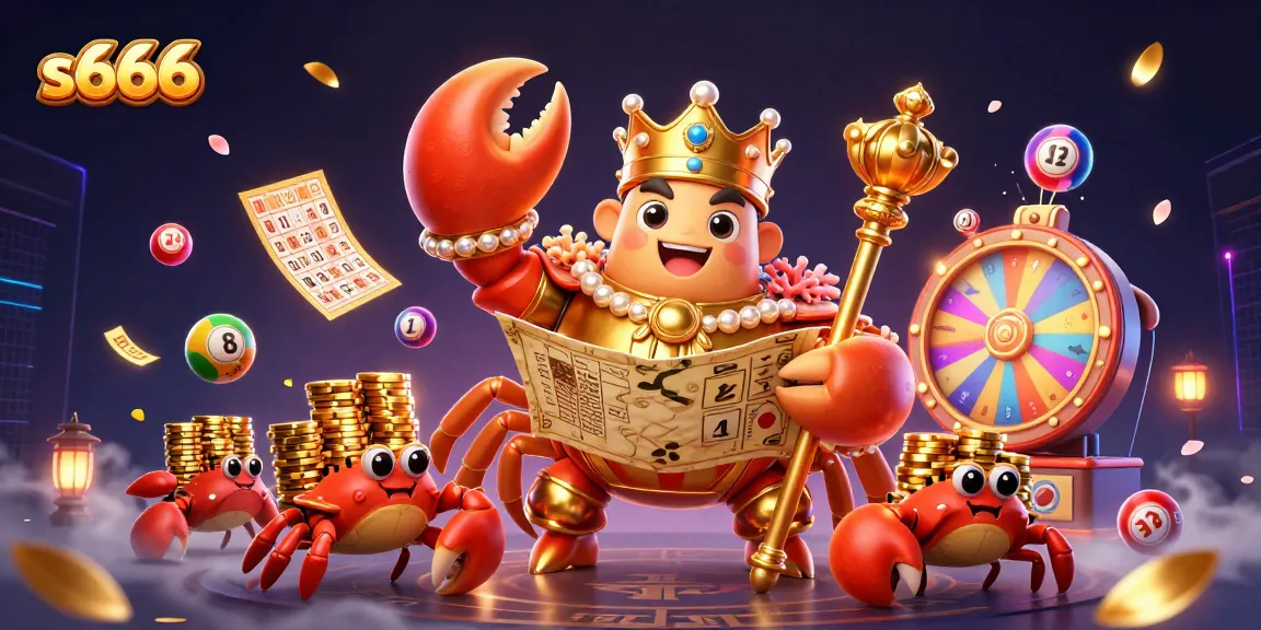 s666 showcases a vibrant 3D casino scene with a golden crab emperor and lottery elements celebrating winning possibilities.