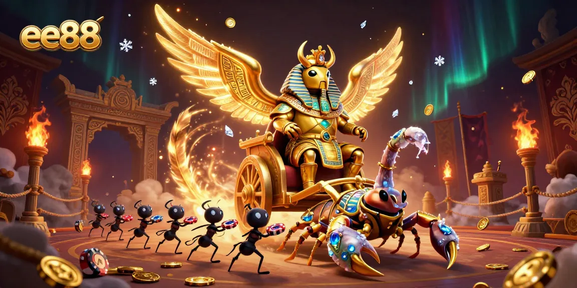 ee88 showcases a vibrant 3D fantasy illustration of a colossal scarab beetle gambling in a rich casino scene.
