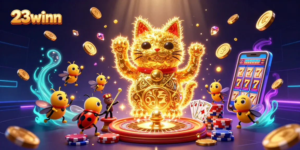 Cascade golden coins and sparkling gems around the 23winn lucky cat, enhancing your gaming experience.