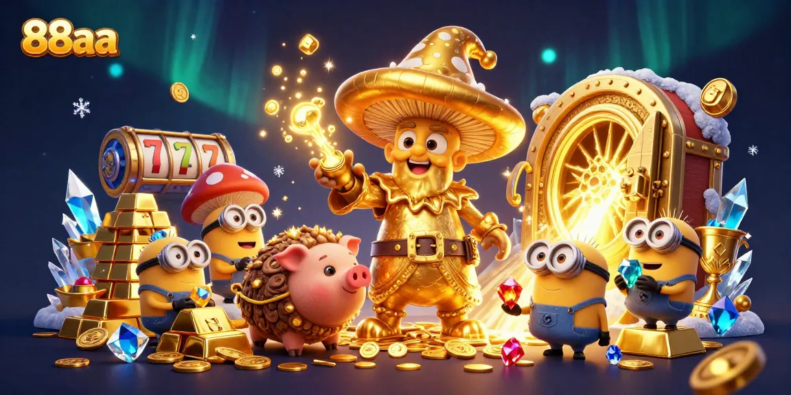 Experience the magic of 88aa casino with a stunning 3D illustration featuring a golden mushroom wizard and treasure.
