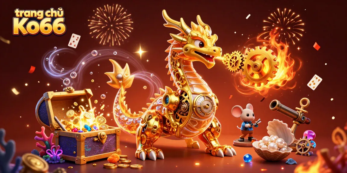 Explore the thrills of trang chủ Ko66 with a fierce dragon and underwater treasures in this stunning illustration.
