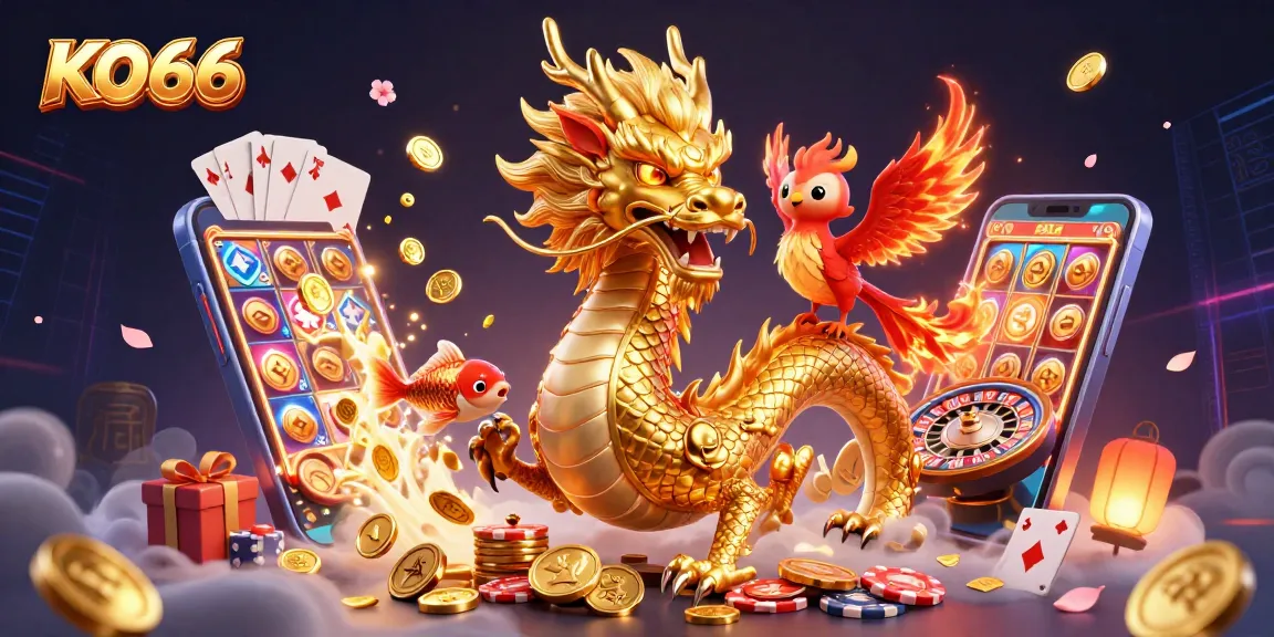 Engage in thrilling gameplay at KO66 with a dynamic scene featuring a golden dragon, phoenix, and koi fish amidst casino elements.