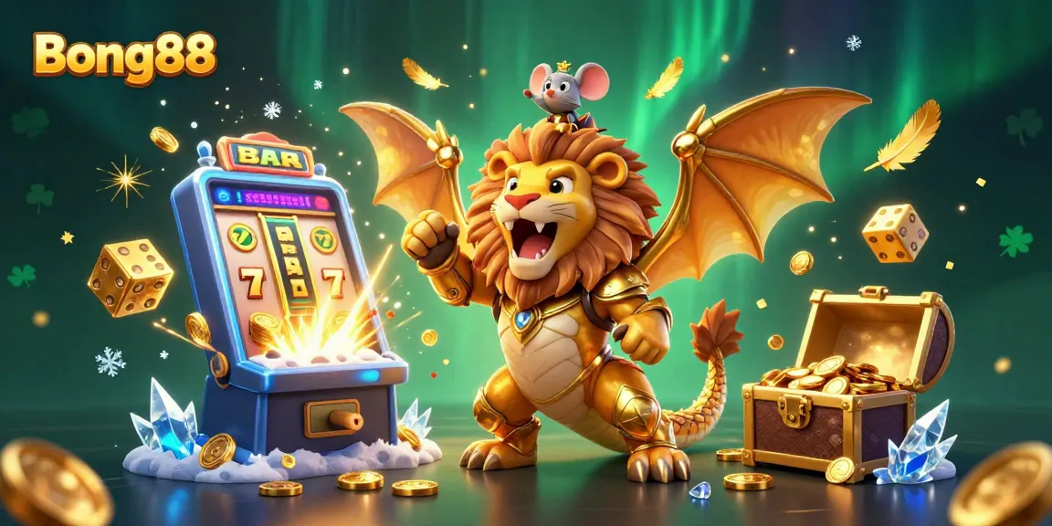 Bong88 offers thrilling slot experiences with a majestic chimera and vibrant casino symbols.