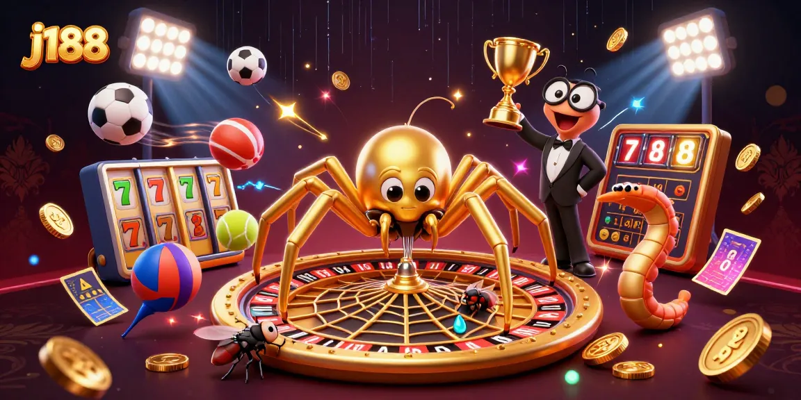 Experience thrilling action at j188 with a golden spider spinning a roulette web amidst shining gaming elements.
